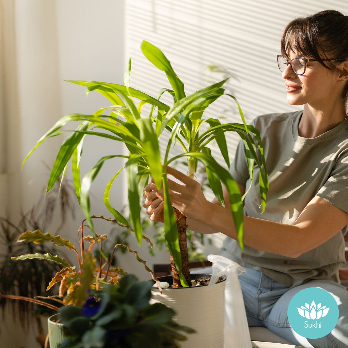 A woman tending to her indoor plants