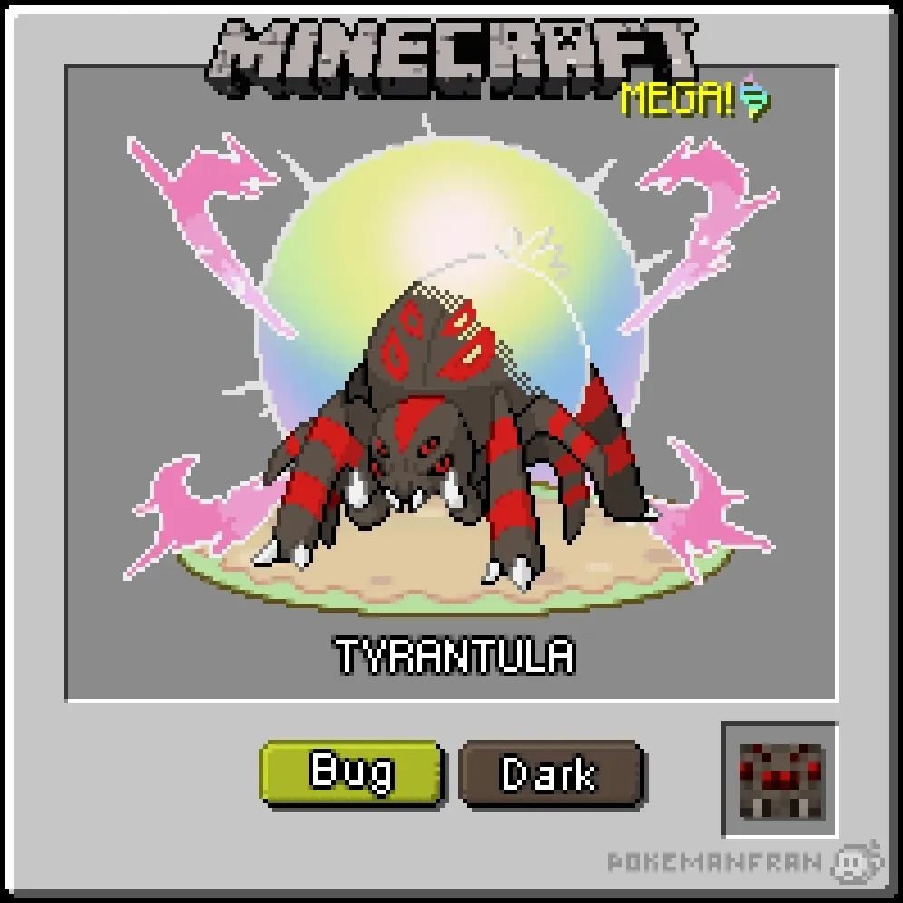 MEGA Tyrantula
The Spider Pok&eacute;mon 
Type: Bug/Dark

Mega Evolution grants it all sorts of extra power like speed, strength, and even invisibility.

Based on Hardcore Mode Spiders.

#pokemon #pixelart #fakemon #fakemonregion #pokedex #fakemonart