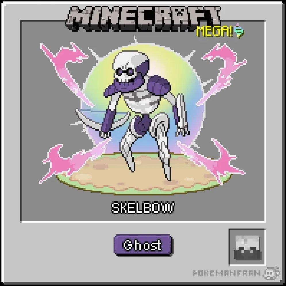 MEGA Skelbow
The Skelton Pok&eacute;mon 
Type: Ghost

It develops ghostly constructs that increase its size and allow it to walk on both legs again.

Based on the classic Mutant Creatures mod.

#pokemon #pixelart #fakemon #fakemonregion #pokedex #fak