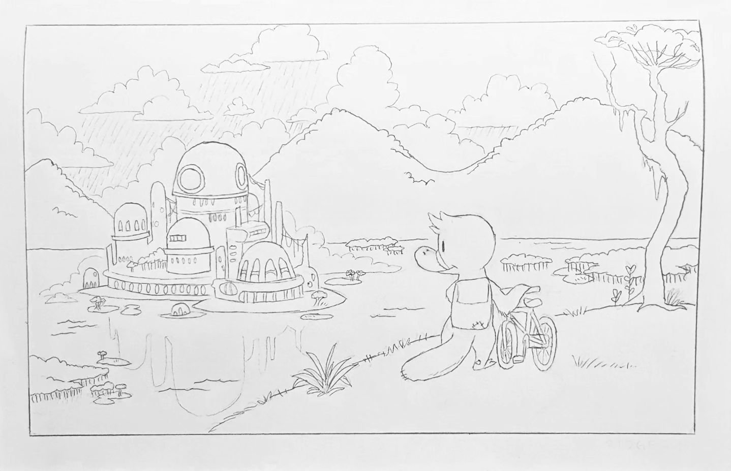 Inktober 2024! 
Day 19 - Ridge

Kip sees the amphibian city from the mountain's ridge.

#art #drawing #illustration #inktober #inktober2024 #artbyandrewf #andrewfrazierart