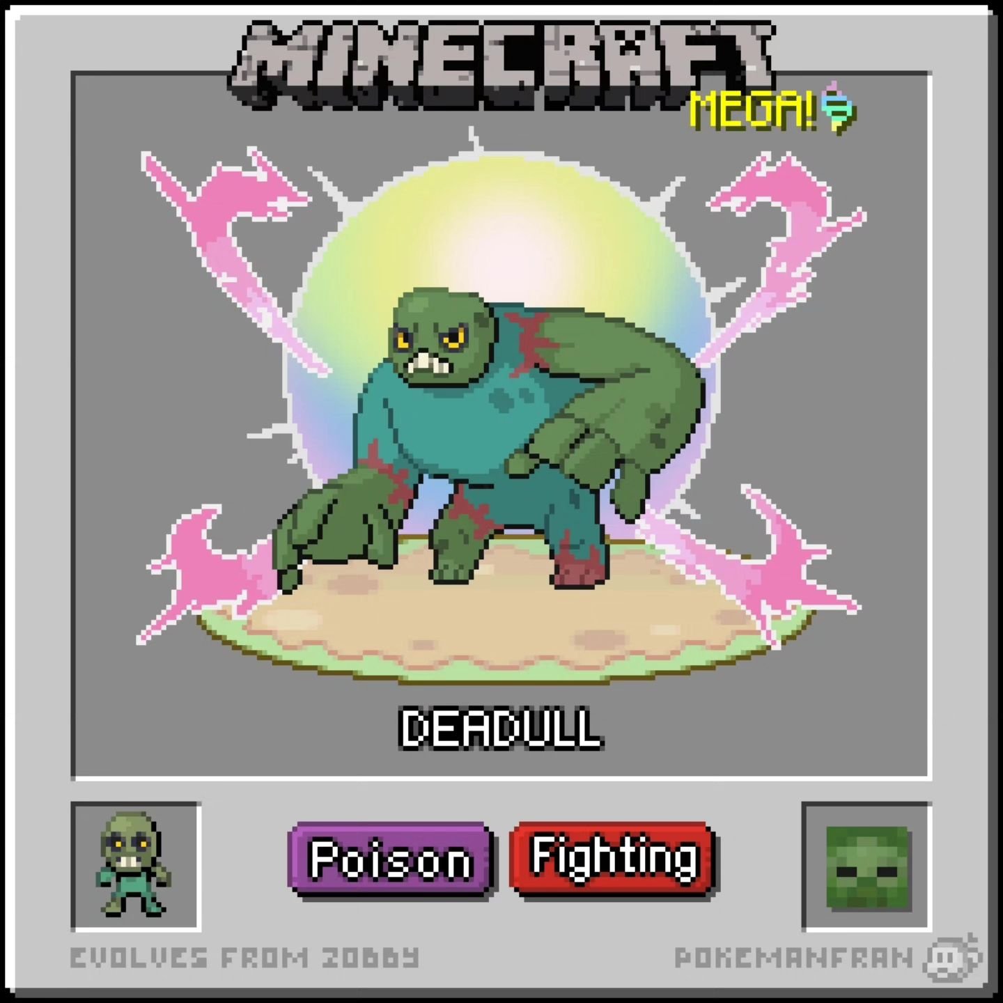 MEGA Deadull
The Zombie Pok&eacute;mon 
Type: Poison/Fighting

Their muscles grow until they almost burst. This constant strain makes them very aggressive.

Based on the classic Mutant Creatures mod.

#pokemon #pixelart #fakemon #fakemonregion #poked