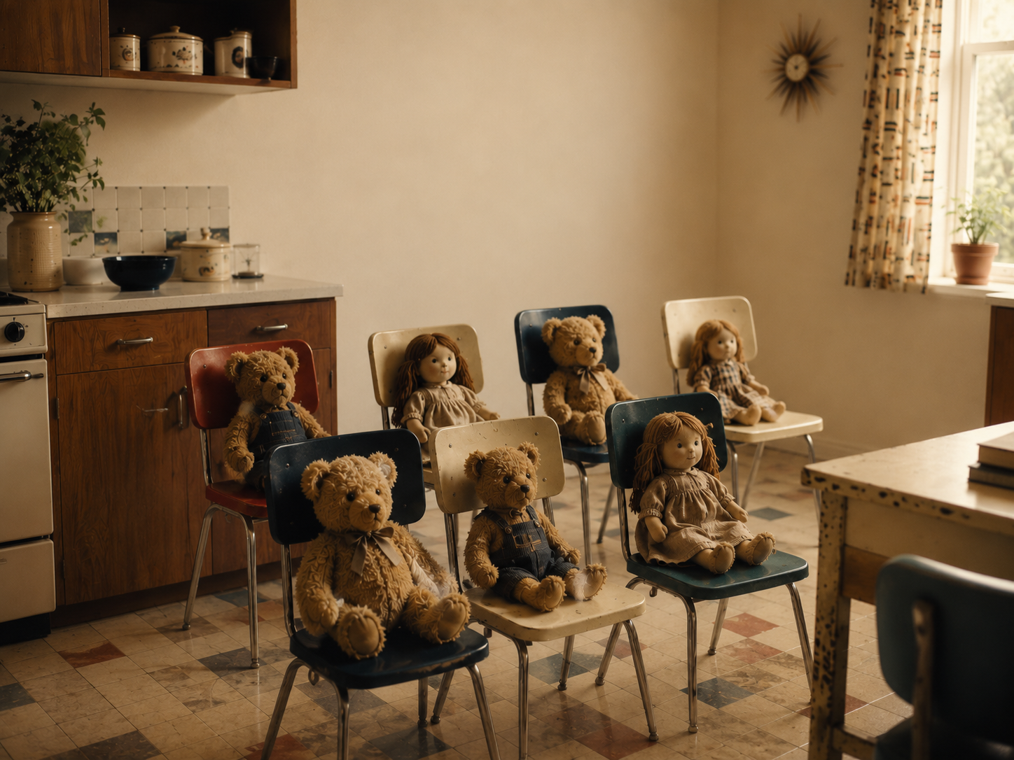 thwo rows of cahirs with toys sitting up straight as if in a classroom