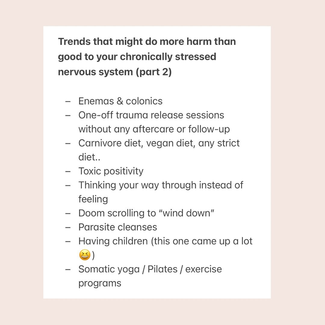 These ones were all contributed by you guys! 

While I wouldn&rsquo;t call them all &ldquo;trends&rdquo; I thought they were all really valid in terms of nervous system care 🙌🏼

How many in part 1 and 2 can you relate to? 

I&rsquo;ve got a big Sun