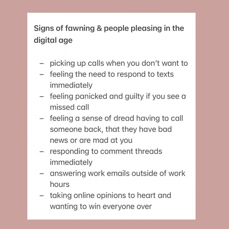 Ahhh people pleasing.. When you feel guilty for not responding to a text or call immediately. The digital age makes it so hard for people pleasers to access regulation! What have I missed on this list? 

#peoplepleasing #peoplepleasingnomore #attachm