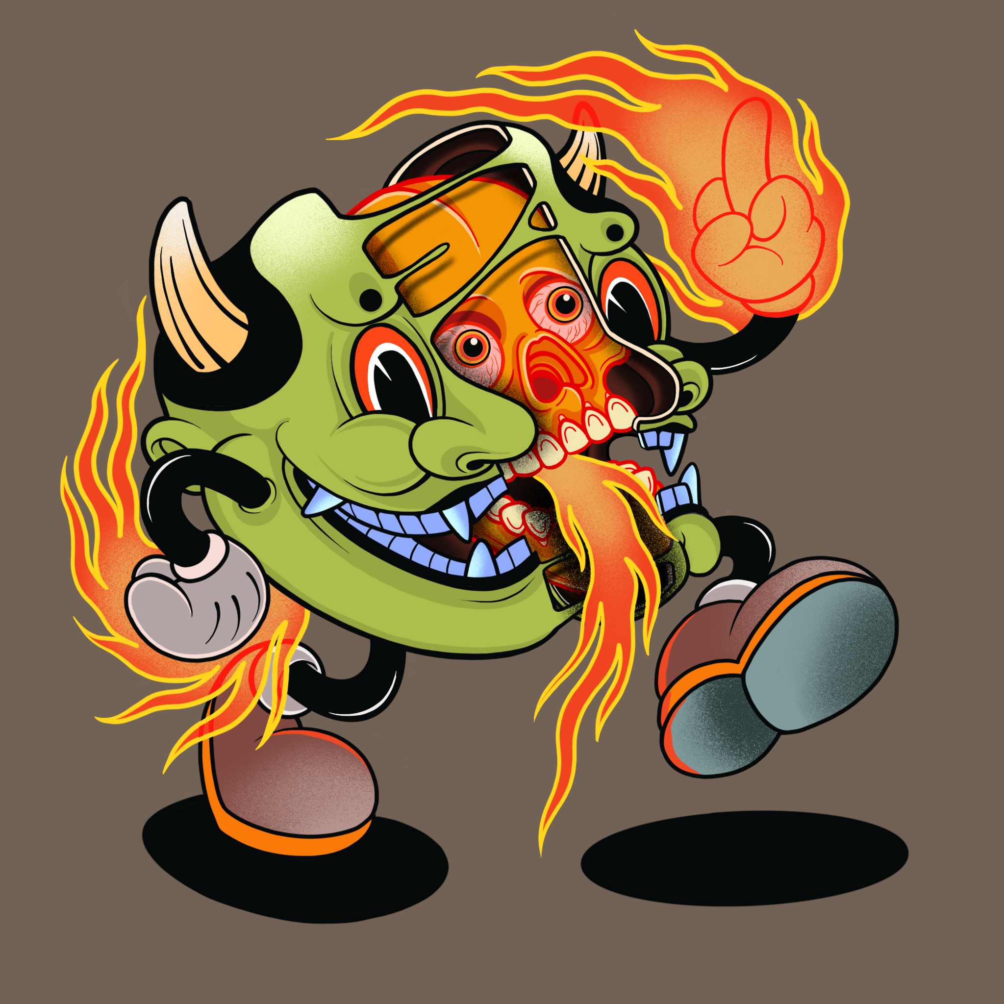 A colorful cartoon illustration of a monster with green skin, horns, and multiple eyes, breathing fire while wearing sneakers, against a plain brown background.
