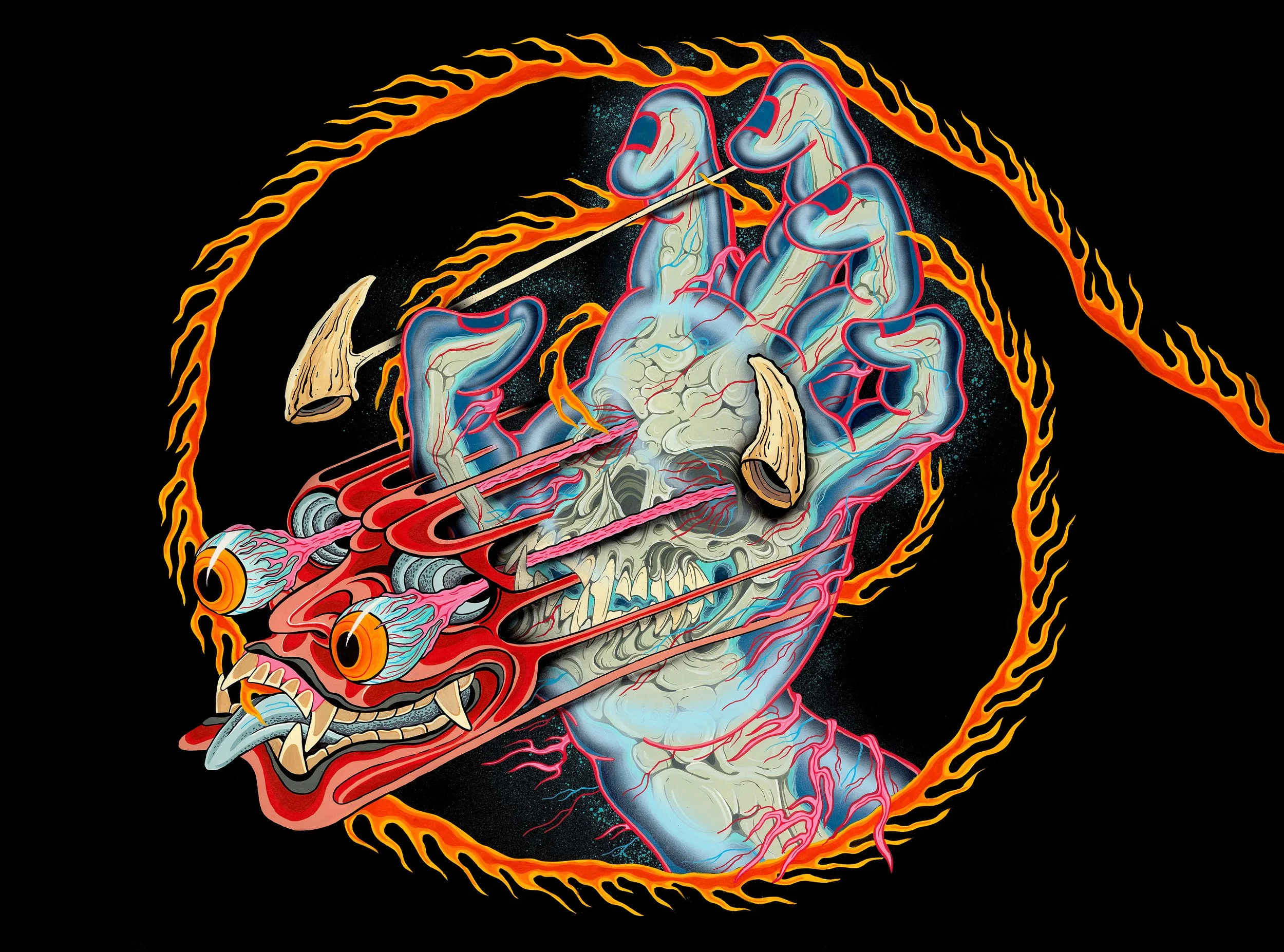 A surreal, colorful illustration of a mythical creature blending a dragon and a zombie hand. The creature's head resembles a dragon with exaggerated features, eyes, and sharp teeth, with flesh and bone exposed. It is encircled by fiery, flame-like tendrils against a black background.