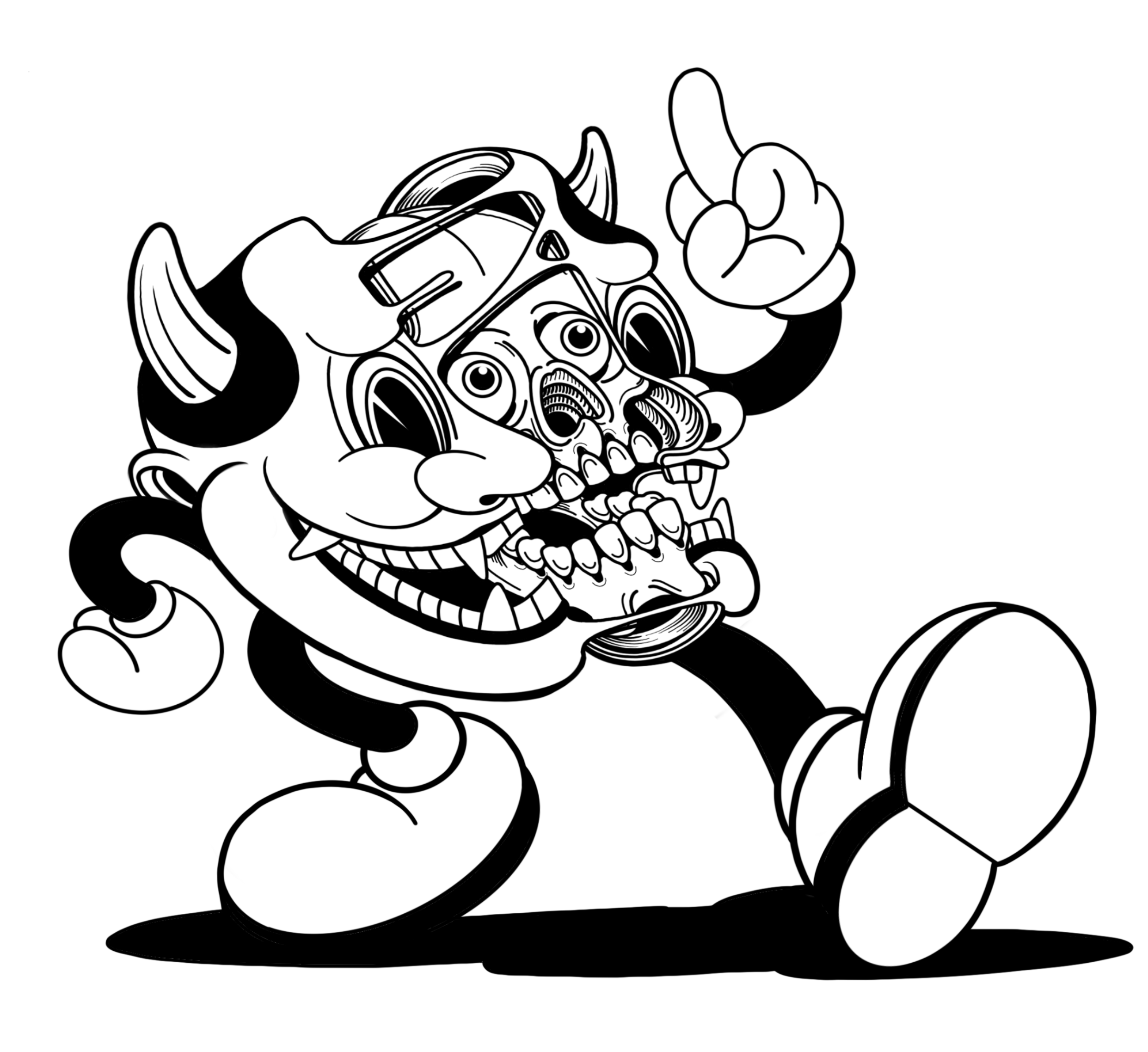 A cartoon character resembling Mario with a devilish twist, featuring horns, a skull face in the mouth area, and a playful pose, with one hand pointing up.