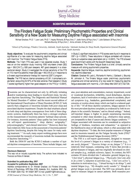 Flinders Fatigue Scale - Publication One