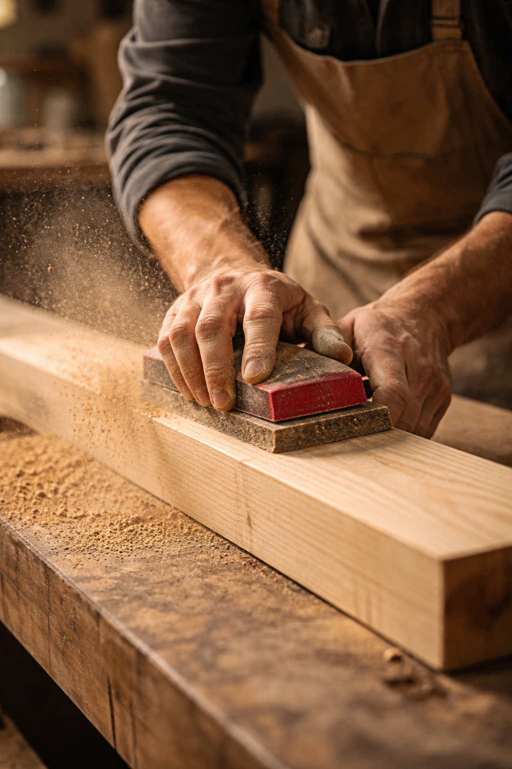 A person shaping or smoothing a piece of wood with a hand tool, creating wood dust on the work surface.
