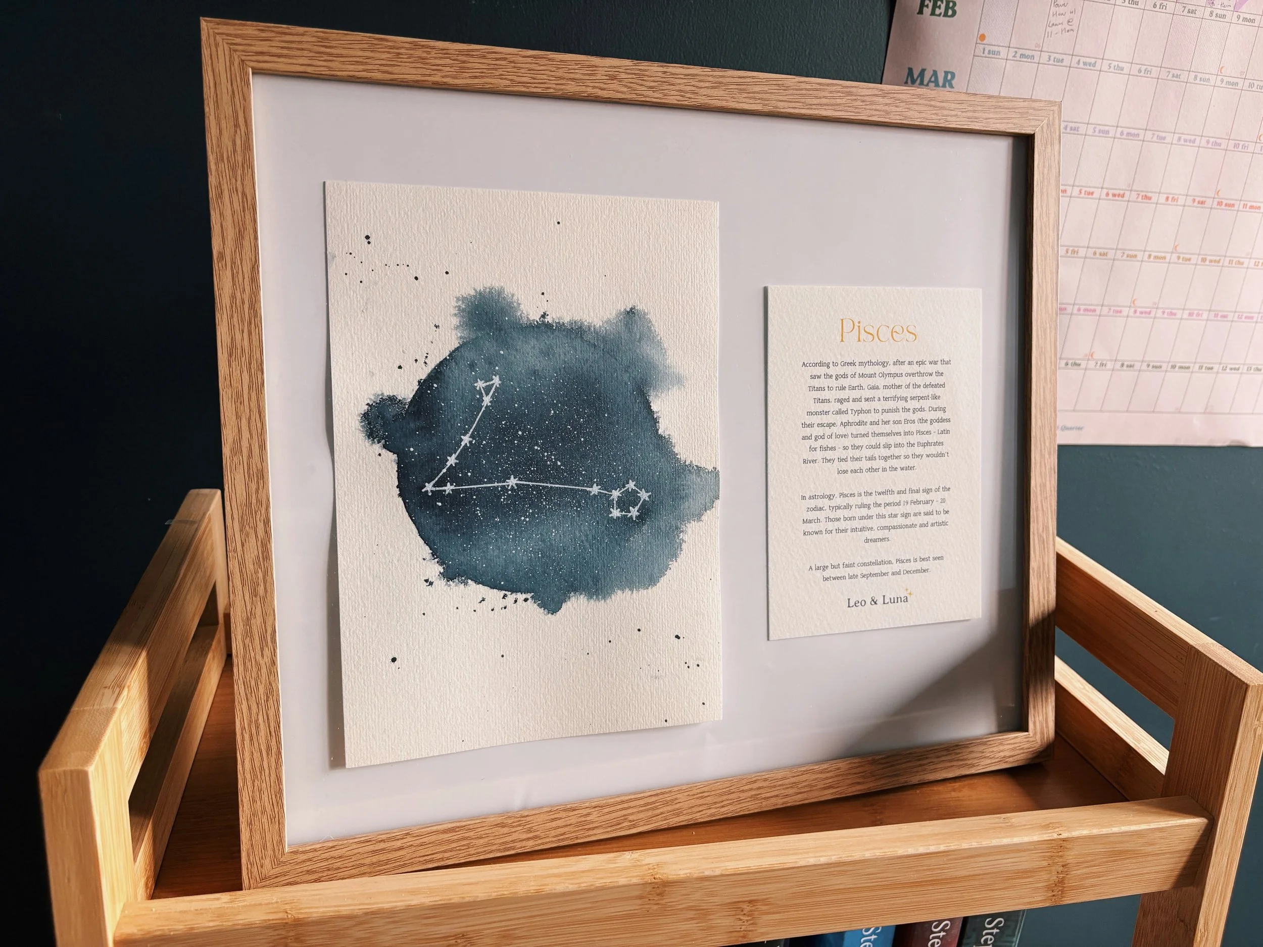 Pisces Zodiac Constellation Framed Original Watercolour Painting + History Note | The Fishes