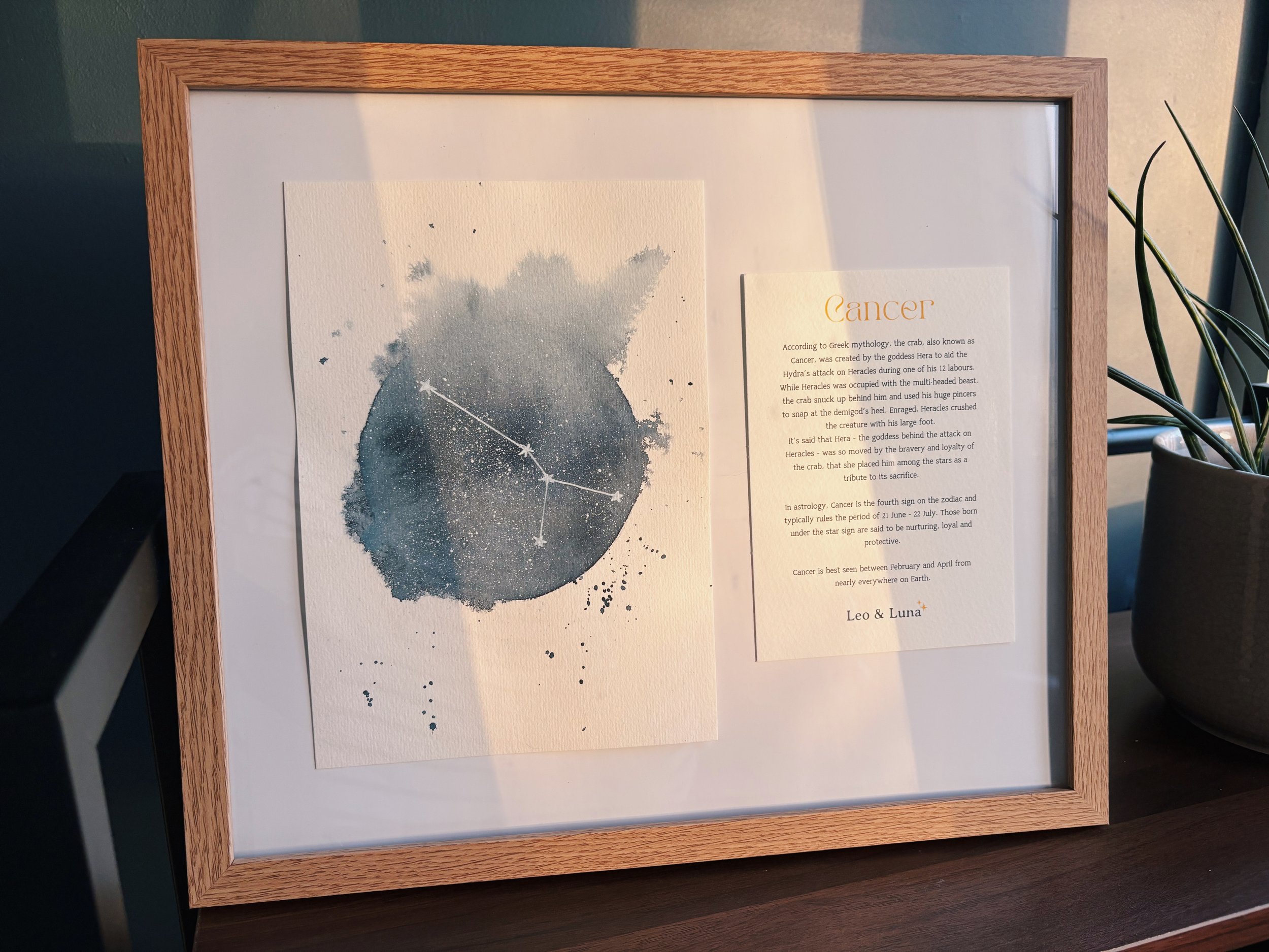 Cancer  Zodiac Constellation Framed Original Watercolour Painting + History Note | The Crab