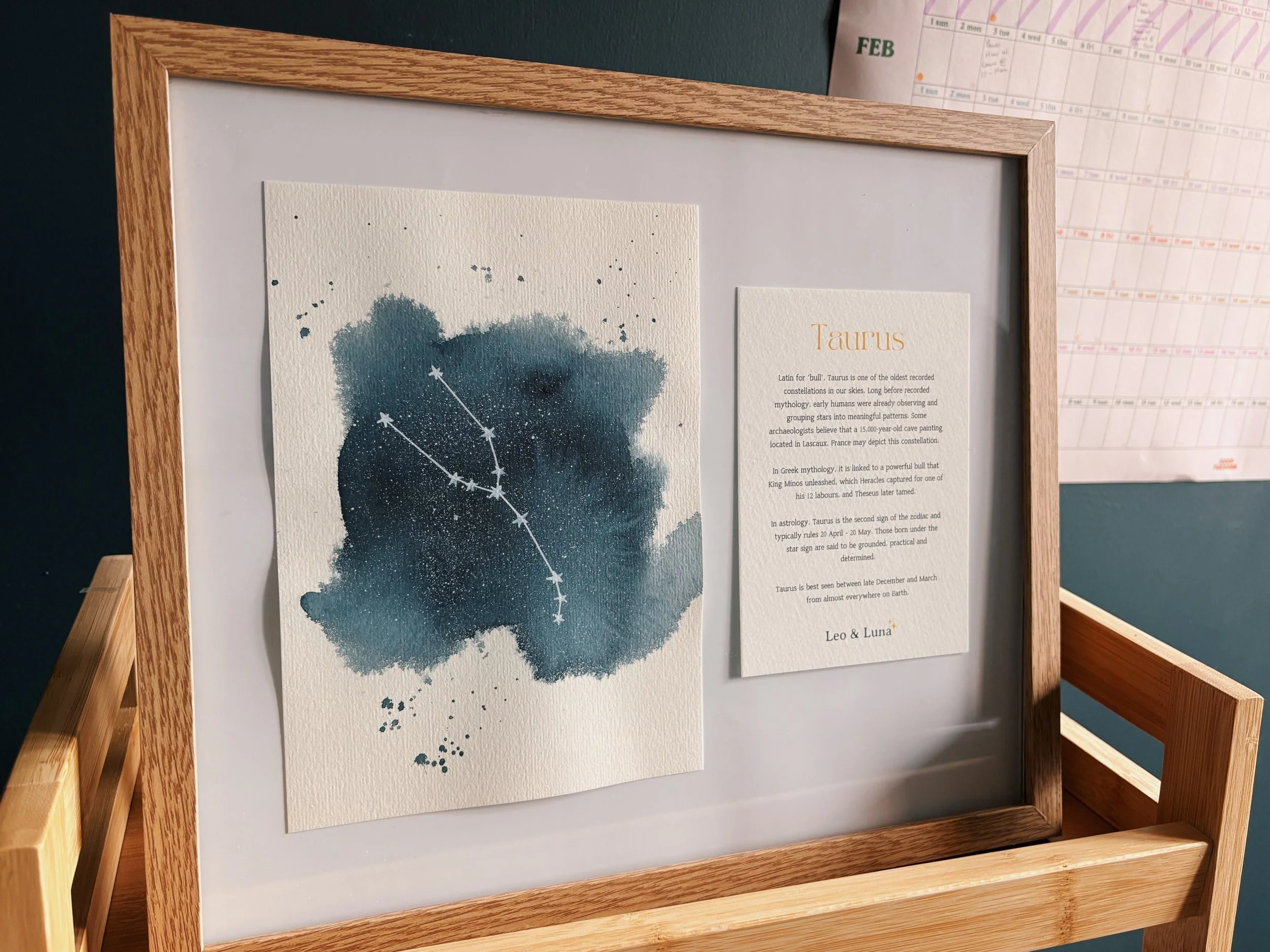 Taurus Zodiac Constellation Framed Original Watercolour Painting + History Note | The Bull