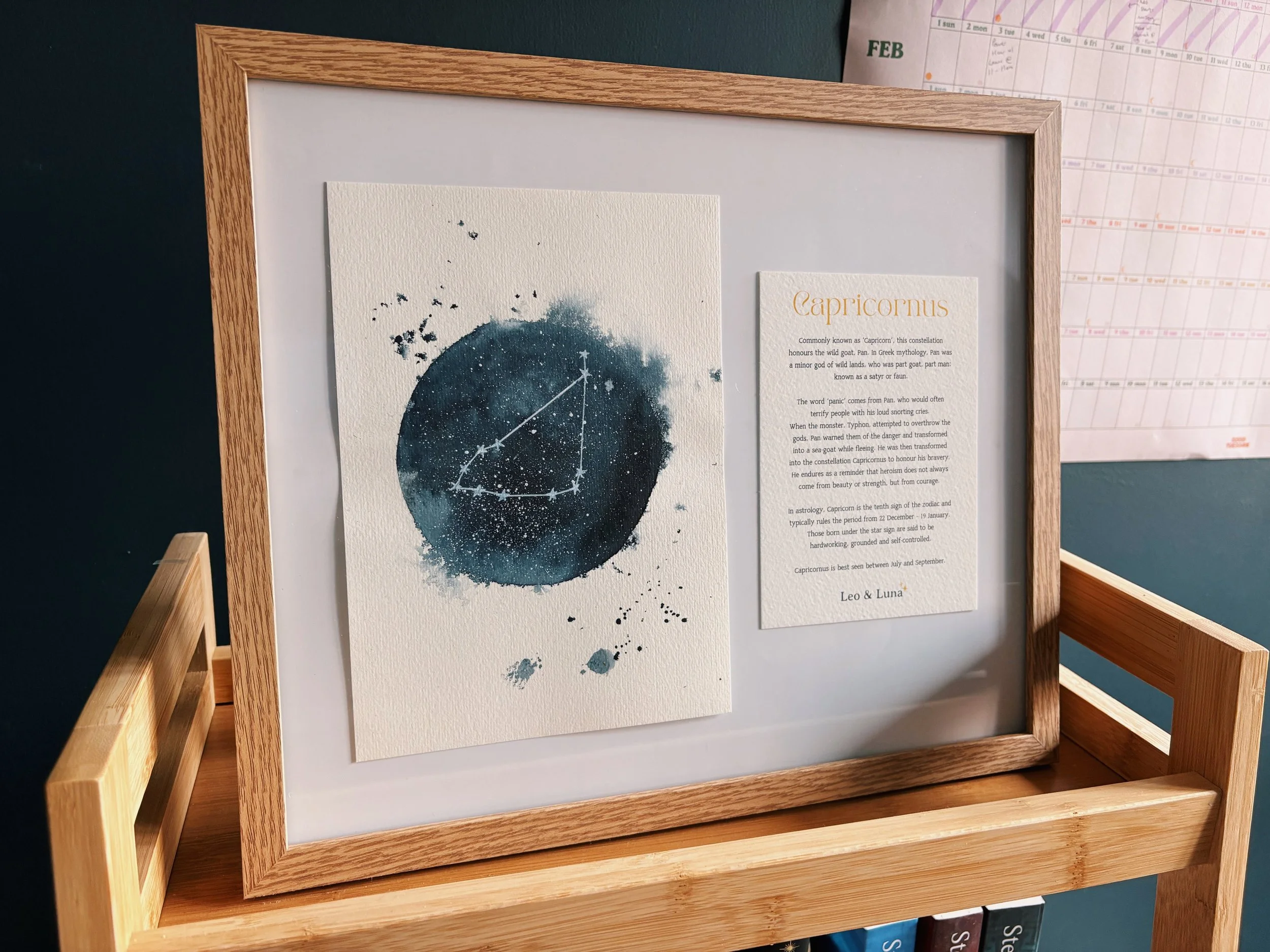 Capricornus Zodiac Constellation Framed Original Watercolour Painting + History Note | Capricorn