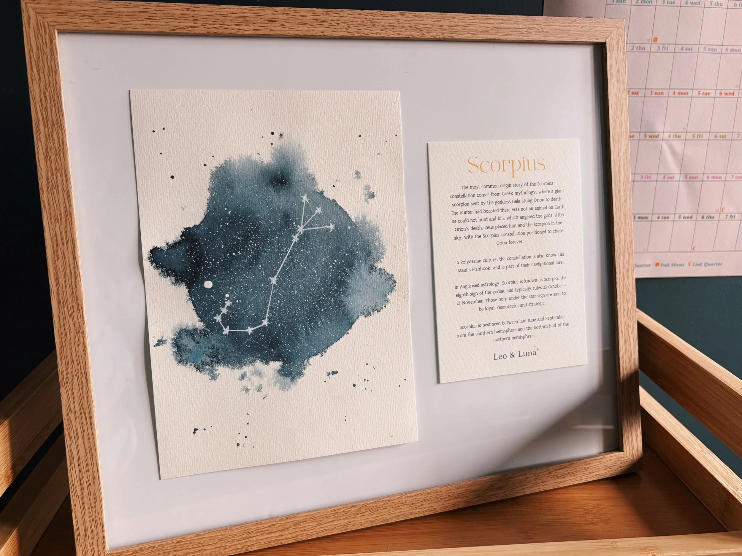 Scorpius Zodiac Constellation Framed Original Watercolour Painting + History Note | Scorpius