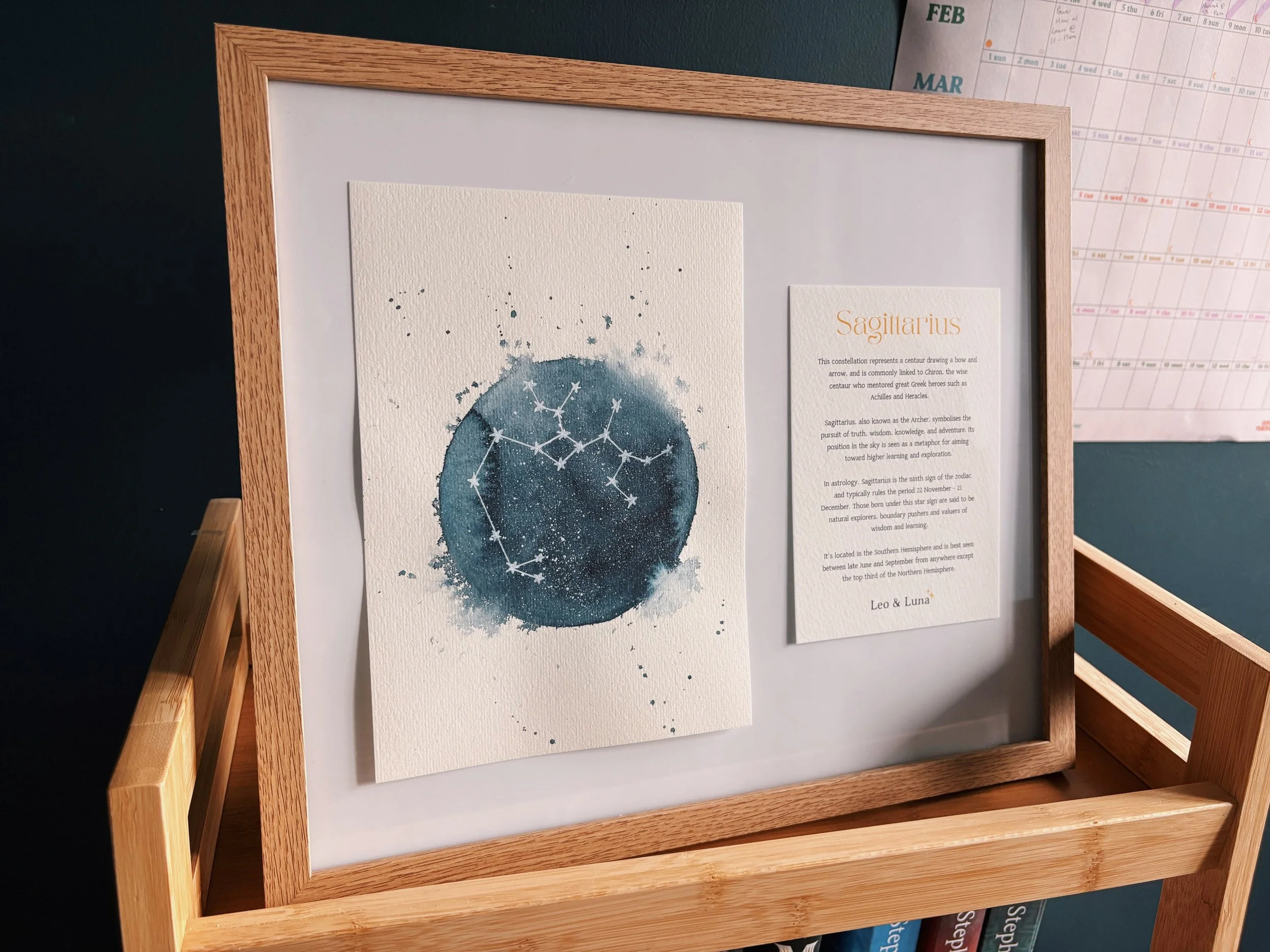Sagittarius Zodiac Constellation Framed Original Watercolour Painting + History Note | The Archer