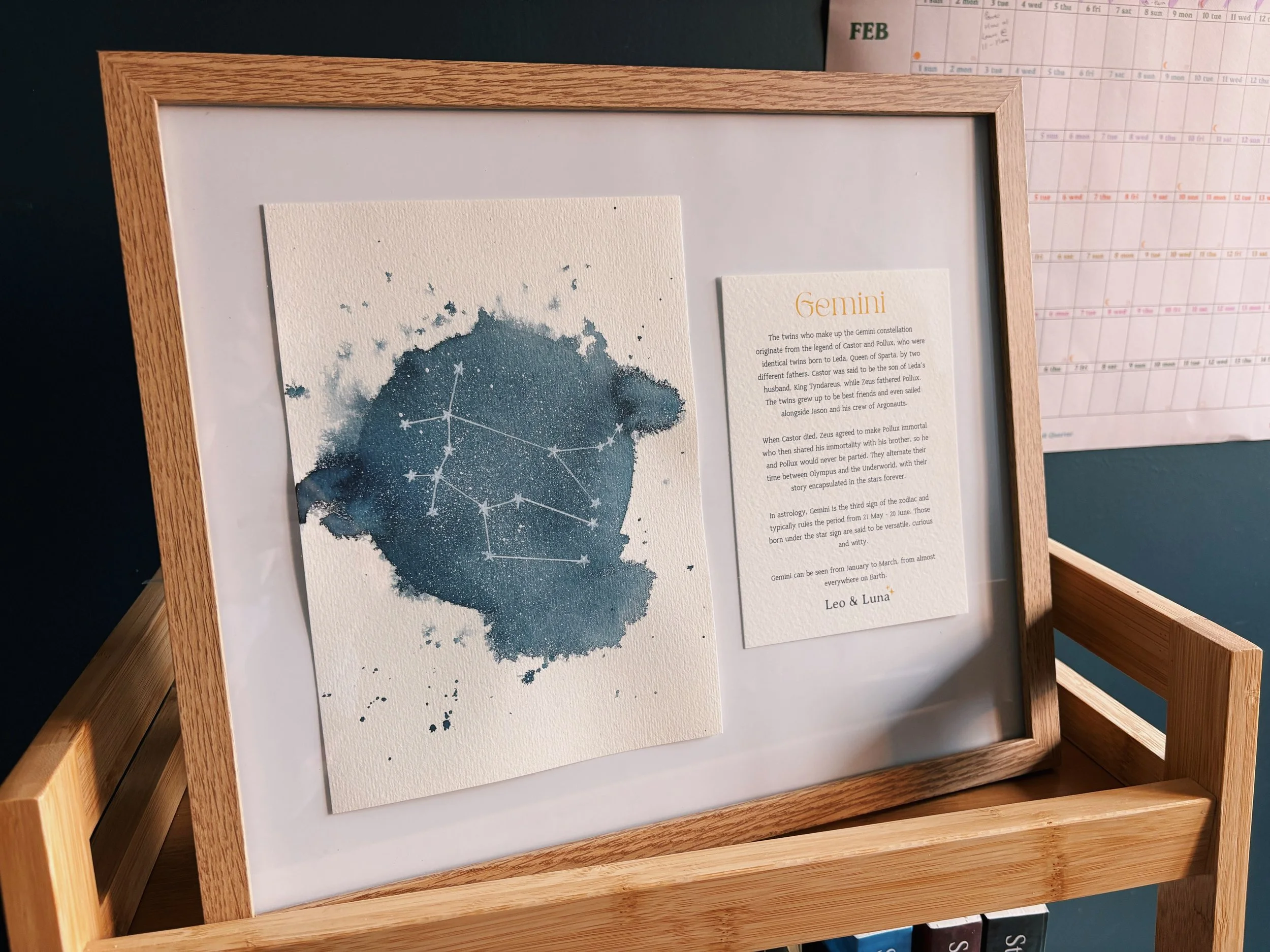 Gemini Zodiac Constellation Framed Original Watercolour Painting + History Note | The Twins