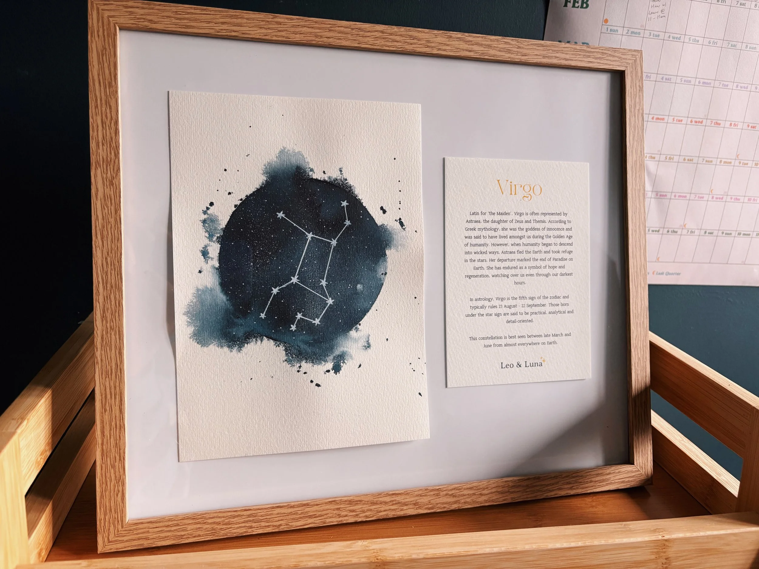 Virgo Zodiac Constellation Framed Original Watercolour Painting + History Note | The Maiden