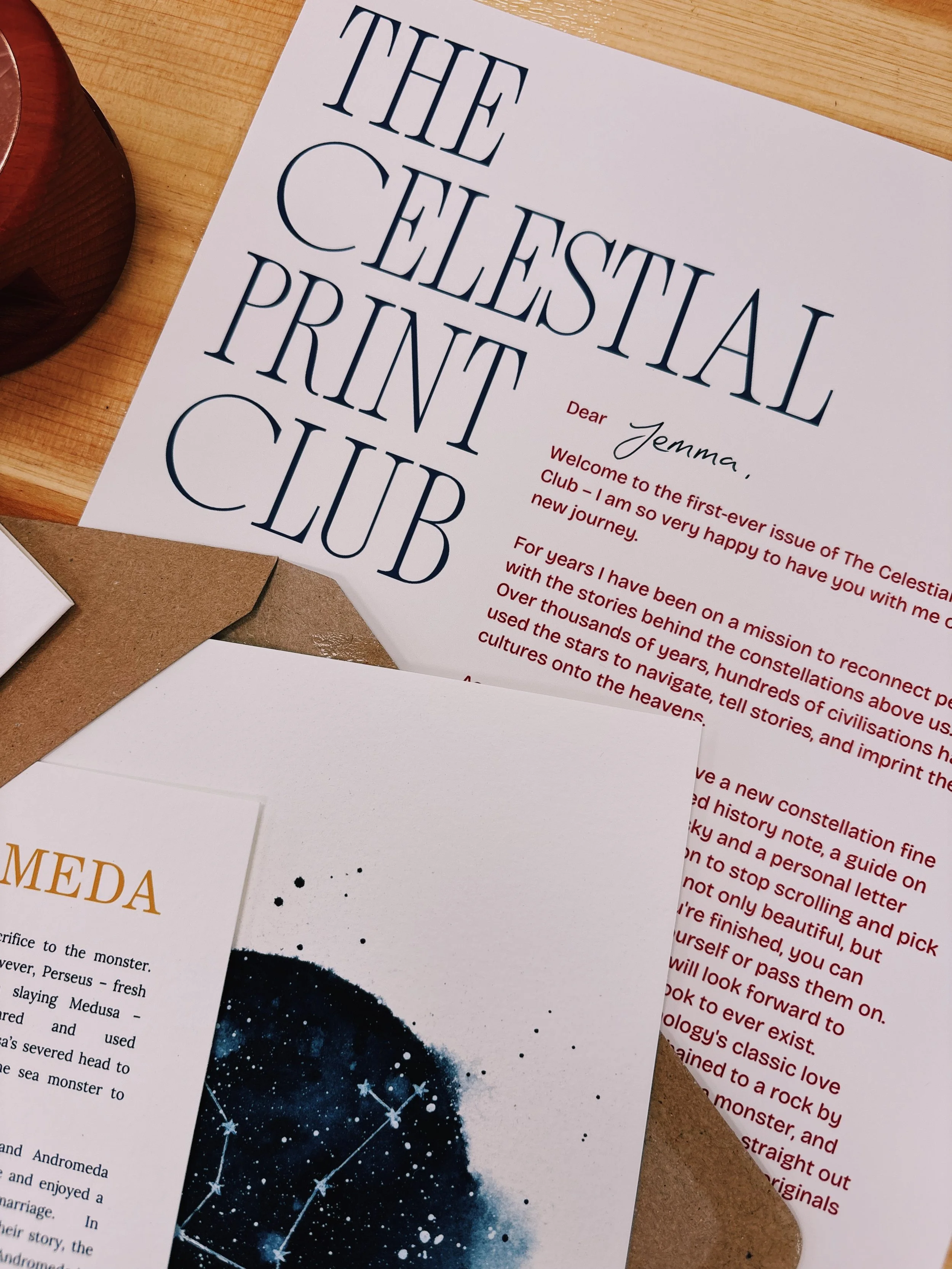 Celestial Print Club monthly subscription contents: watercolour constellation art print, history note, field notes and wax-sealed letter