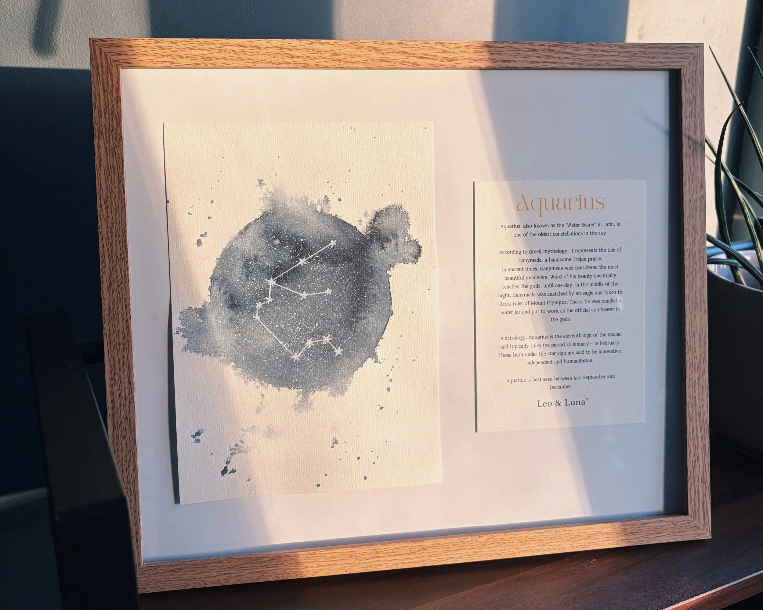 Aquarius  Zodiac Constellation Framed Original Watercolour Painting + History Note | The Water-Bearer