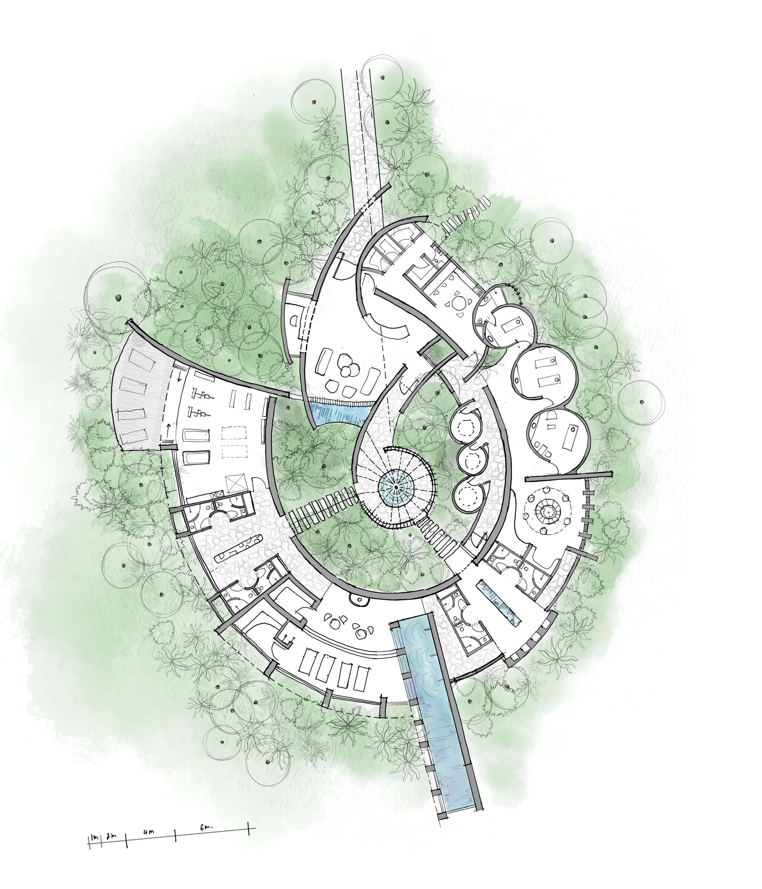 Bisate Sanctuary architectural floor plan showing the curvilinear layout of the Spa and Gym wings, with a central courtyard and lap pool, set within dense forest vegetation — Black Sable
