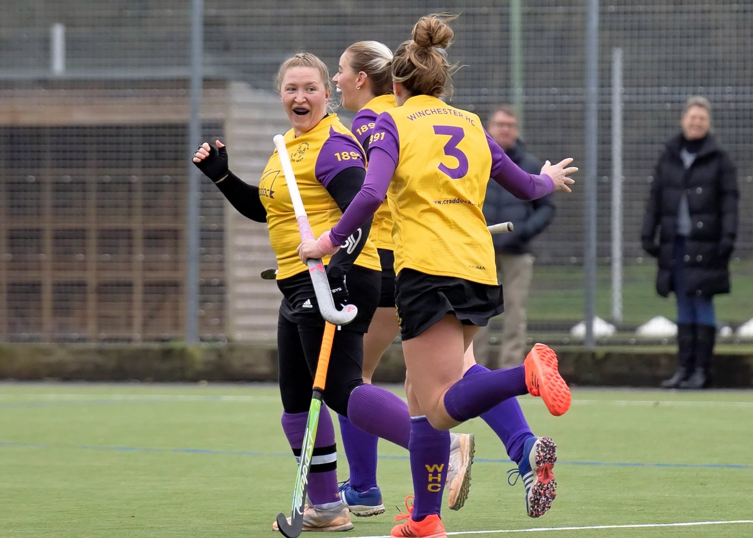 Sarah Johns celebrates opening goal with team mates Marie Atkinson & Fleur Geernaert.JPG