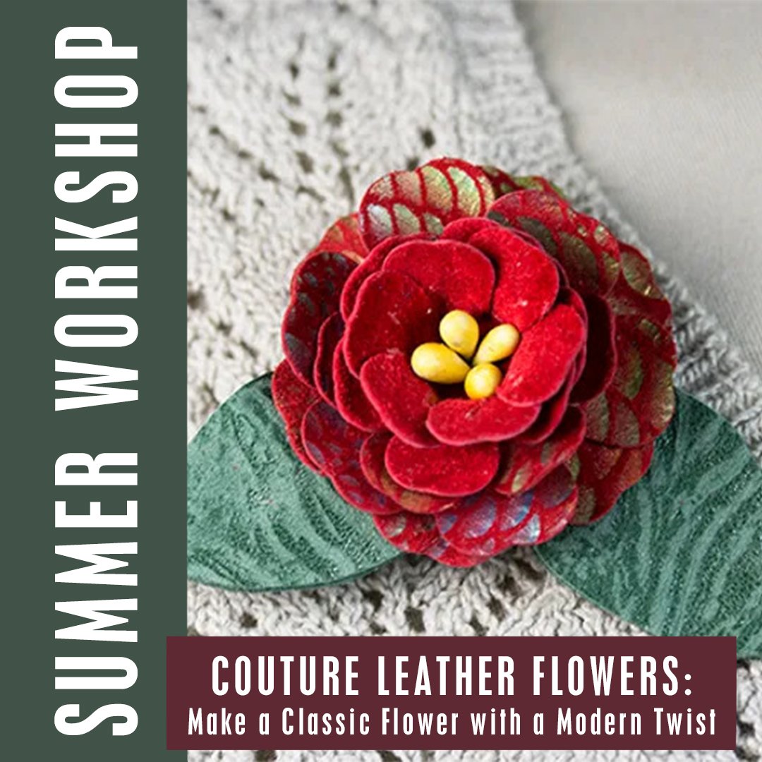 Sign up for our summer COUTURE LEATHER FLOWER WORKSHOP and learn how to make leather flower clips &amp; pins! You will learn how to assemble the petals using classic and modern techniques. WEDNESDAYS 6:00PM - 9:00PM, from 07/31 - 8/21. To learn more 
