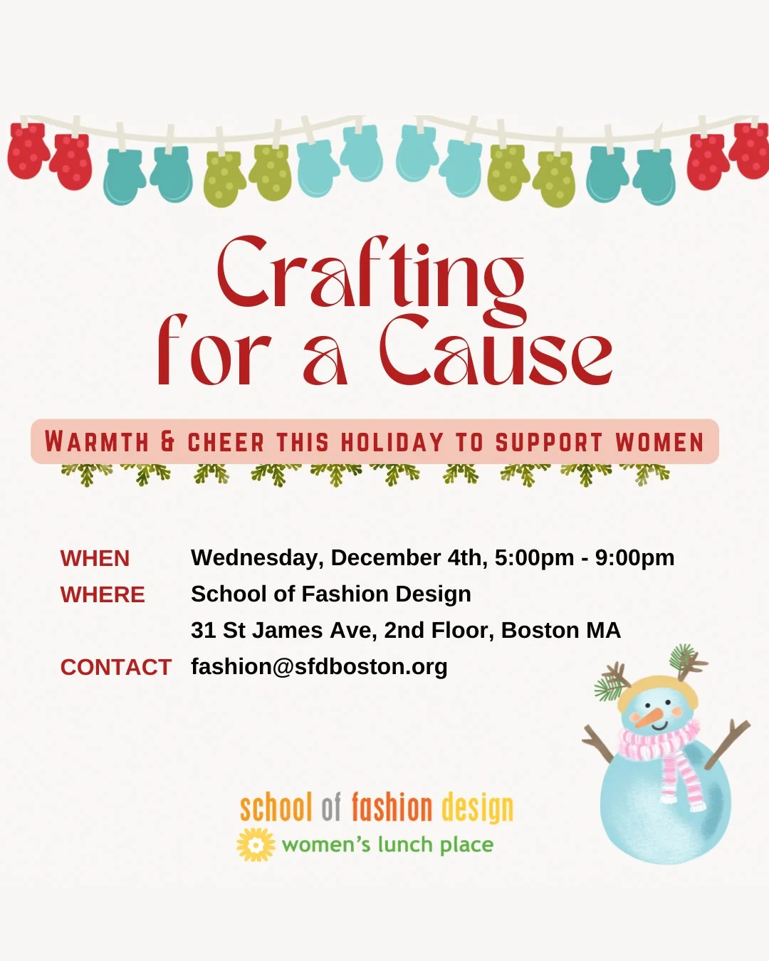 🧣Join us TODAY Wednesday DECEMBER 4th from 5:00PM to 9:00PM at the School of Fashion Design to get creative and support women in our community this holiday season! Help us cut and sew warm fleece hats, mittens and neck warmers for @wlpboston !
🍪 En