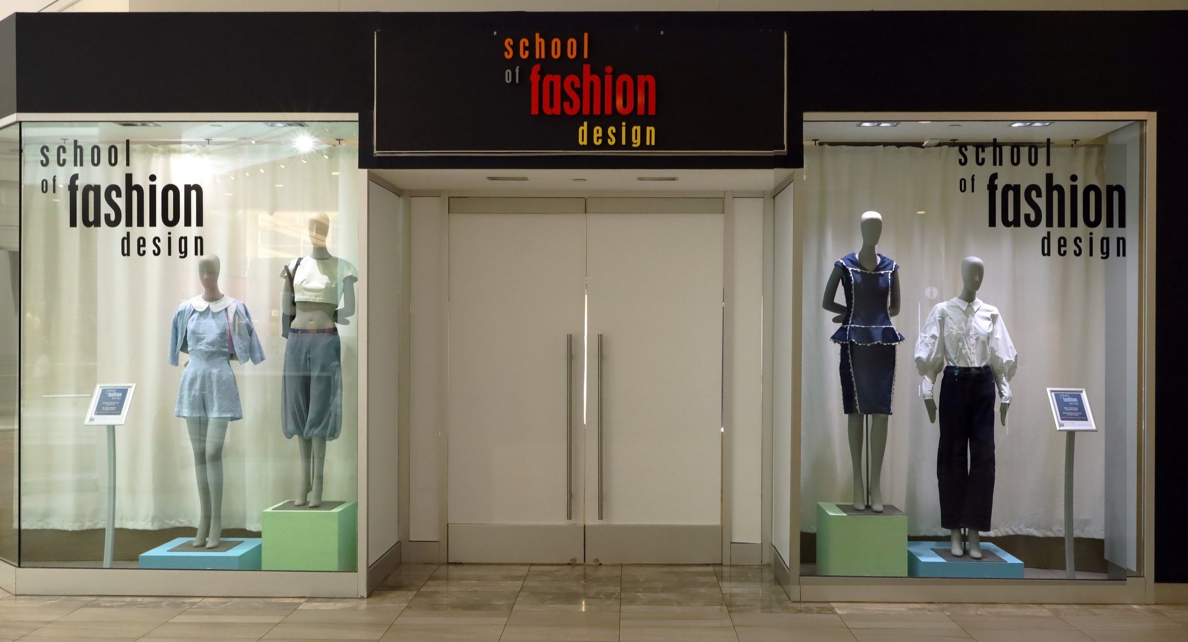Display window with SFD student designs at Copley Mall