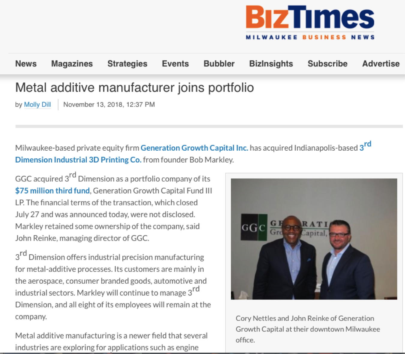 Generation Growth Capital acquires Indianapolis 3D printing firm