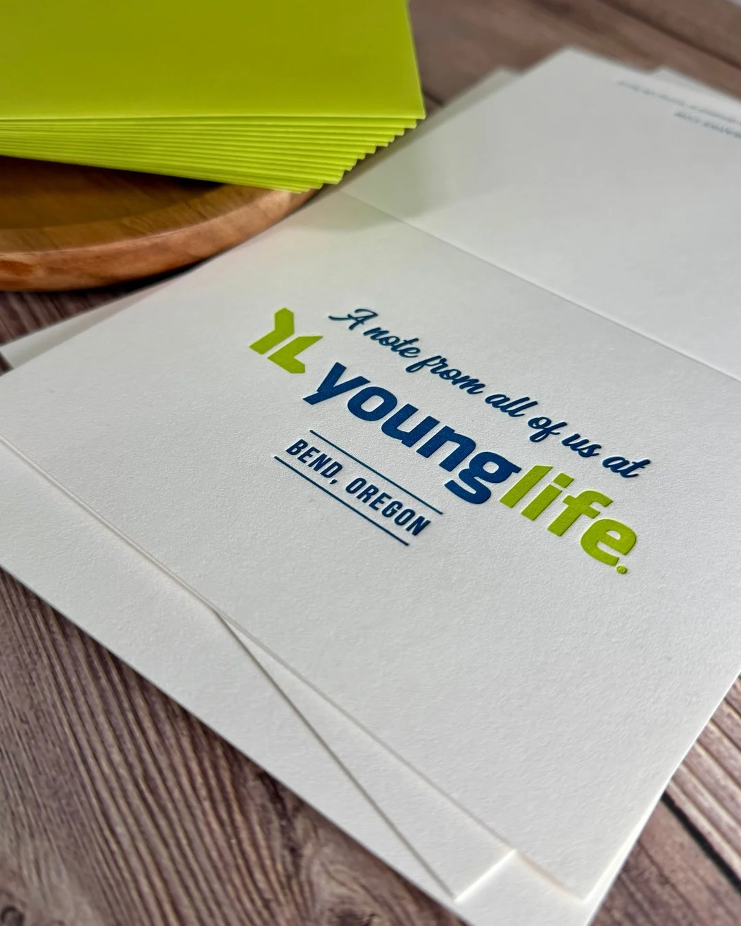 Custom designed ✨ Letterpress printed ✨ Proudly donated to our local @younglifebend &mdash;hoping to send these out to many donors to come! ​​​​​​​​
​​​​​​​​
#younglife #bendoregon #letterpresslove #custom #fundraising