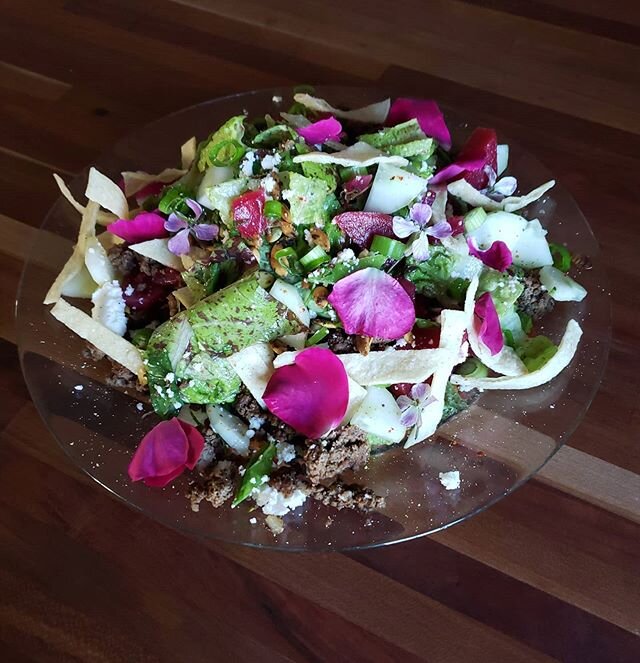 Tired of making every meal at home or eating the same take out week after week? Heirloom lettuces, cilantro, catnip, cucumber, spring onion, pickled turnips &amp; beets, dressed in avocado lime, with grass fed beef, queso fresco, pepitas, fried torti