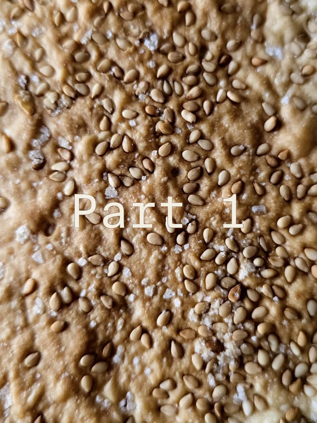 Close up of a crisp sesame olive oil cracker sprinkled with flaky sea salt and sesame seeds