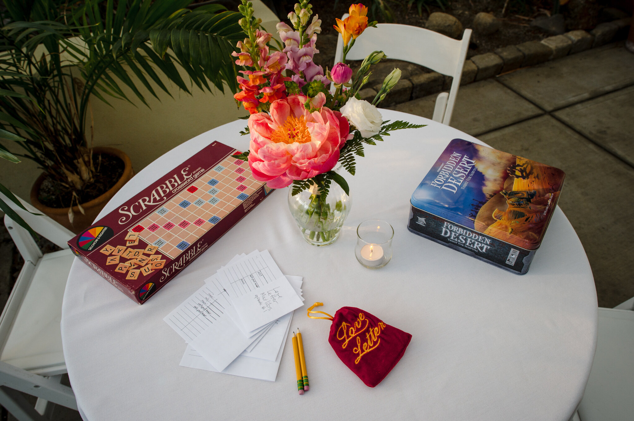 Game table set up during wedding reception at Roger Williams Botanical Center Providence Rhode Island Michelle Schapiro New England LGBTQ Photographer