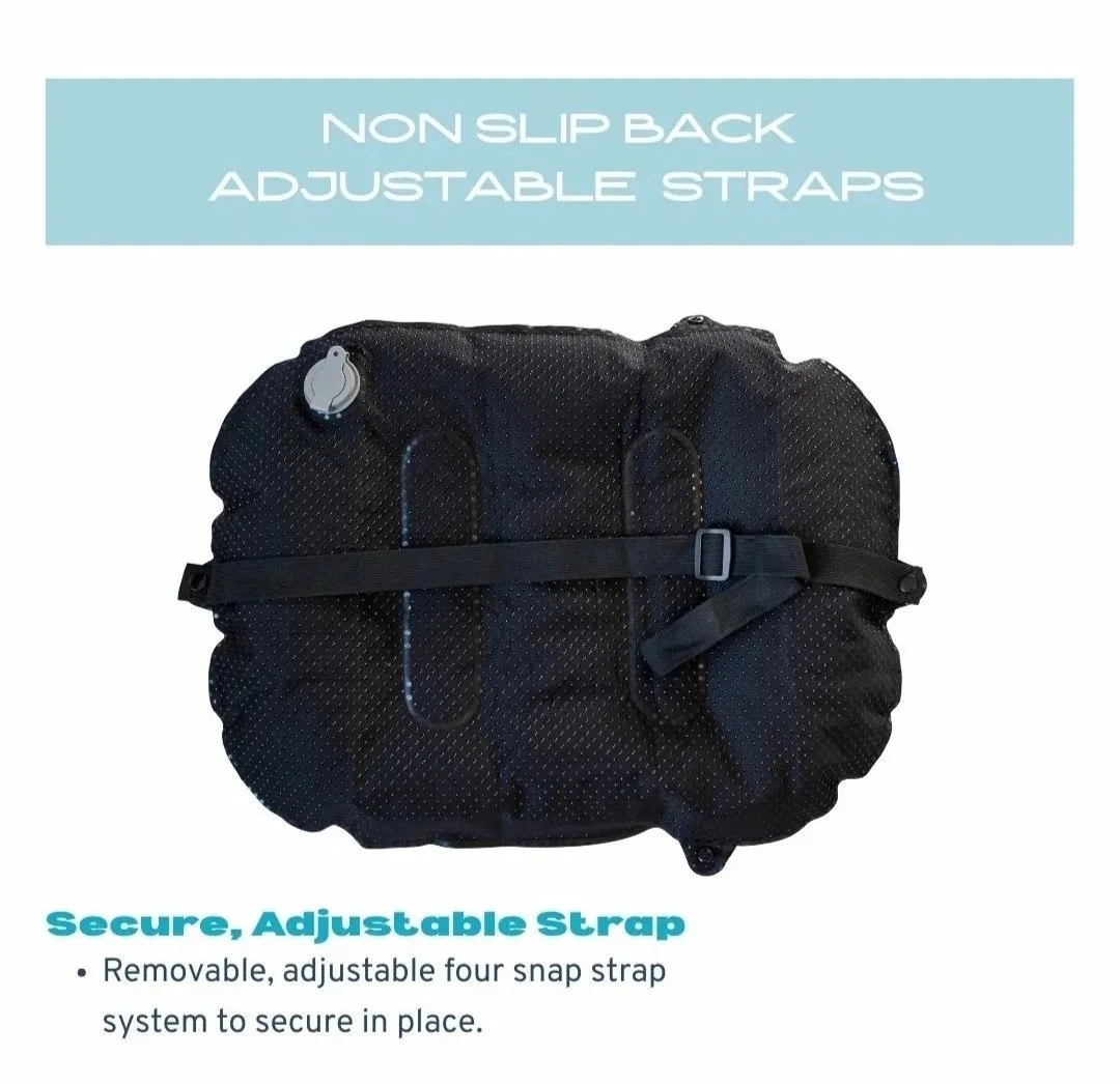 Black travel bag with adjustable straps, highlighting non-slip back and removable four-snap strap system for secure placement.