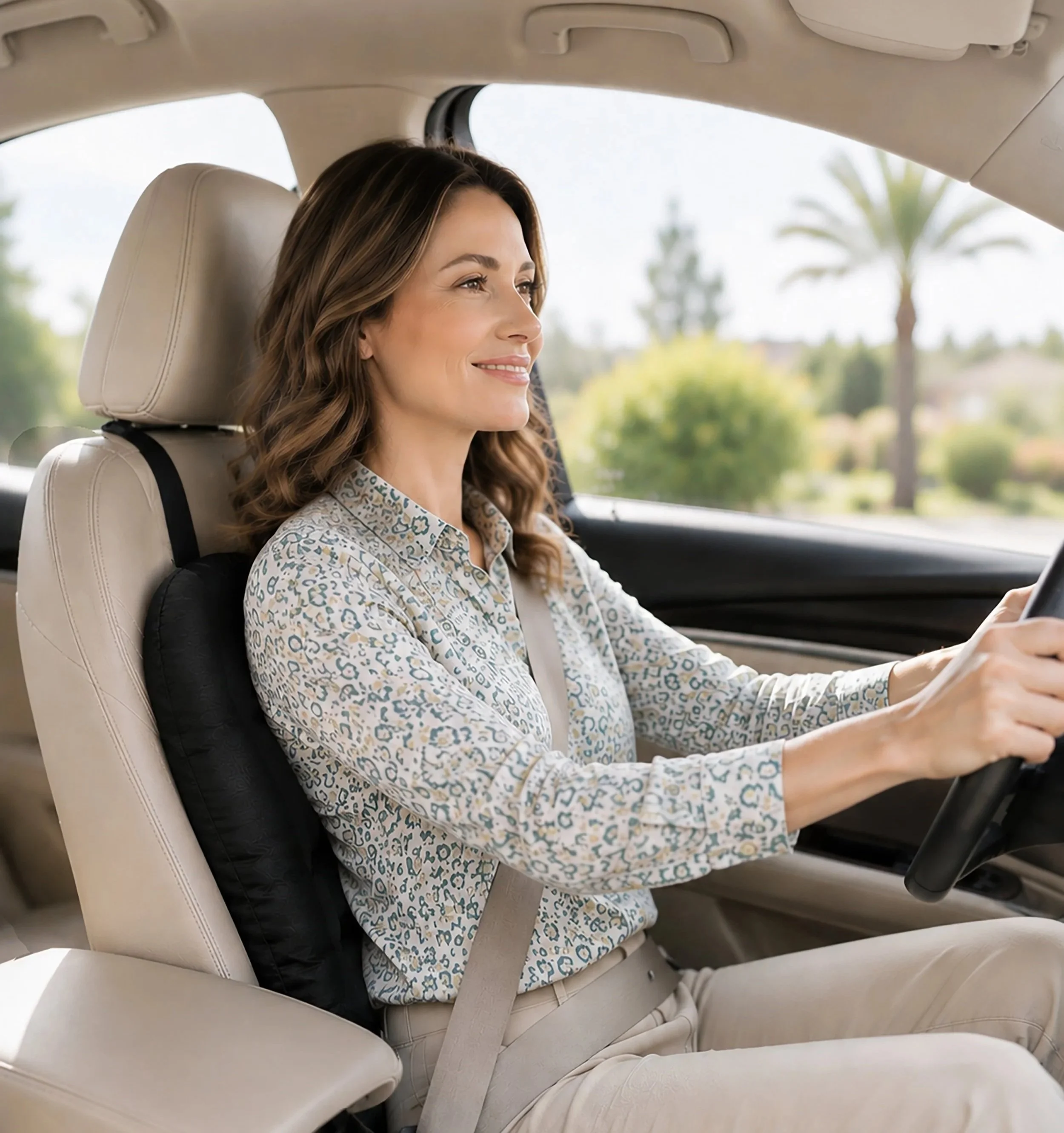 Woman driving with a air posture pillow  to support her back