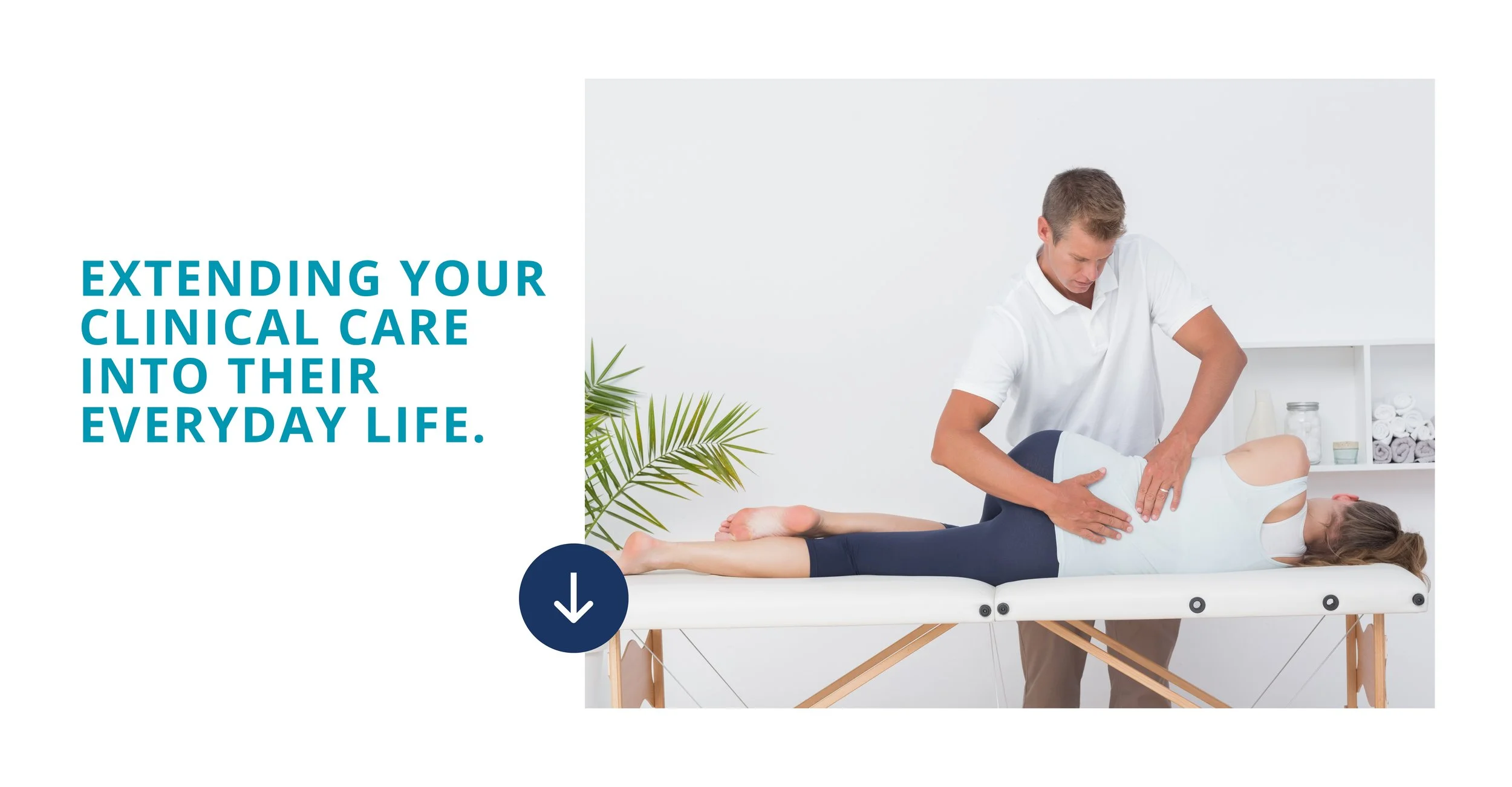 A chiropractor performing a therapy on a patient lying face down on a massage table in a clean, brightly lit therapy room with a white wall, a shelf with rolled towels, and green plant.