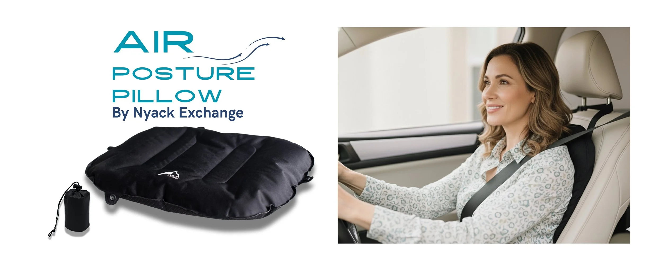 Product packaging for the Air Posture Pillow by Nyack Exchange featuring the pillow, a portable carrying case, and a woman wearing the pillow while driving a car.