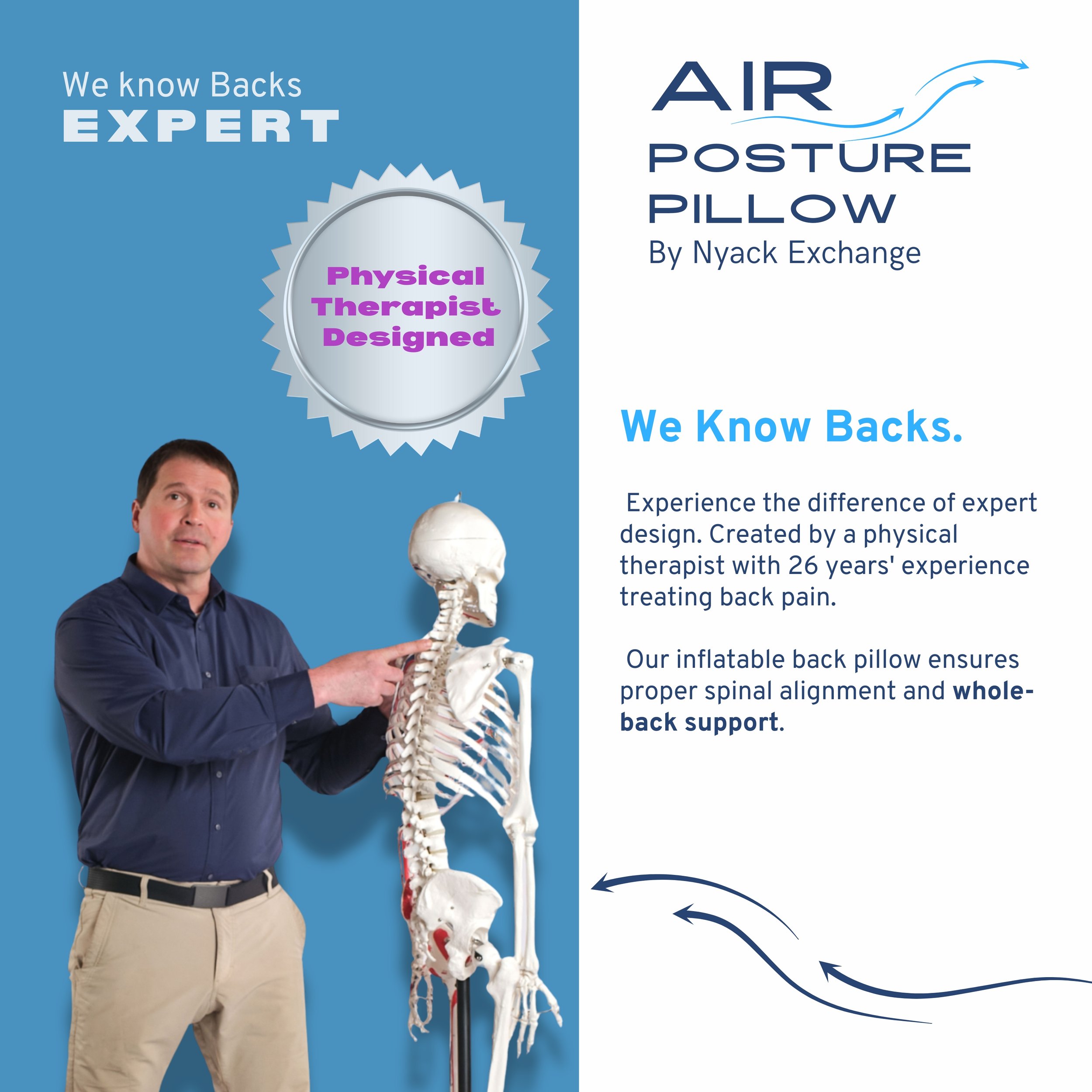 Inflatable back pillow for lumbar support. Customize your comfort air Posture Pillow designed by a physical therapist