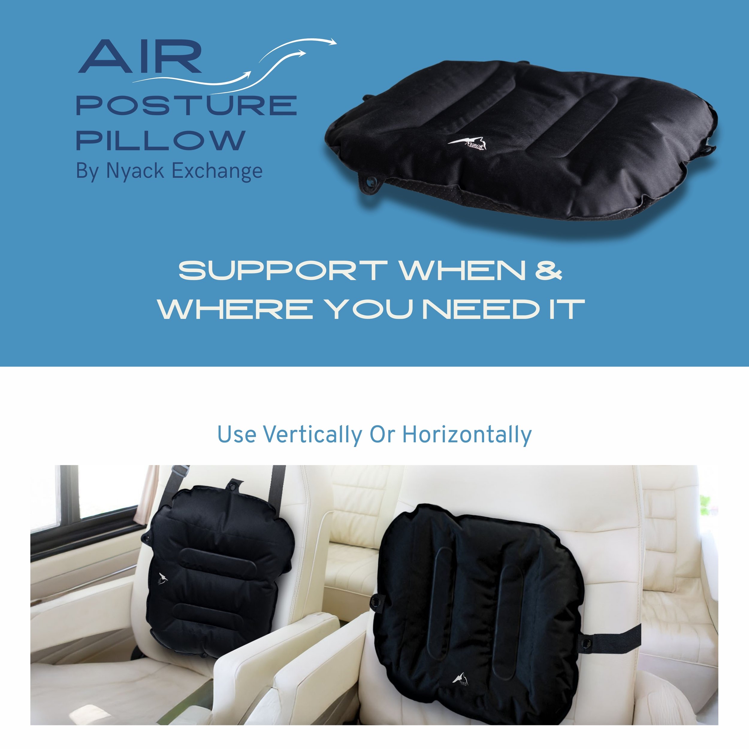 Inflatable back pillow for lumbar support. Customize your comfort air Posture Pillow , travel size back pillow