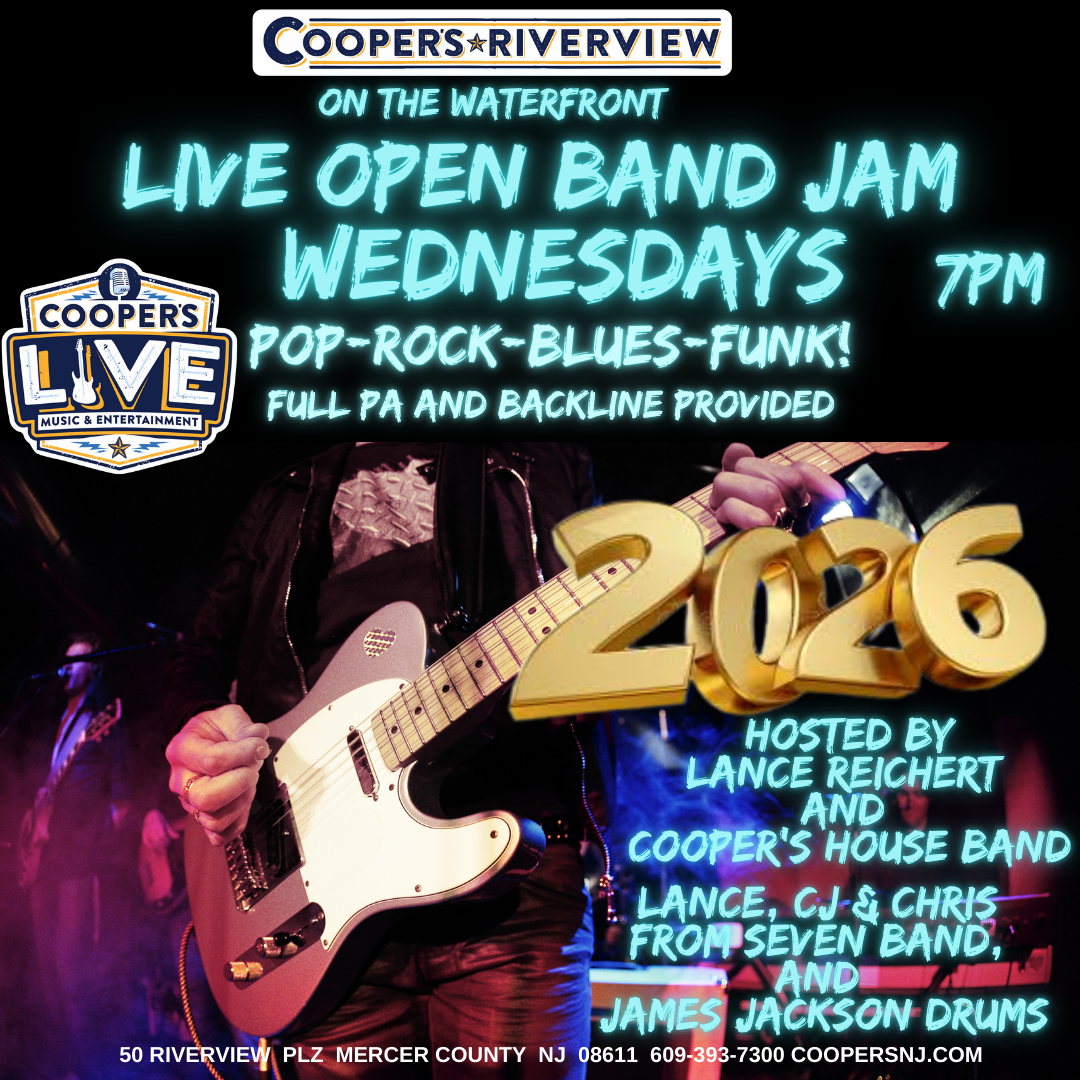 Open Band Jam - Wednesdays at Cooper's! 7pm Fun Dance Vibe on the Waterfront at Cooper's PA, Full Backline w Drums, Amps, and House Band to Sit In With.