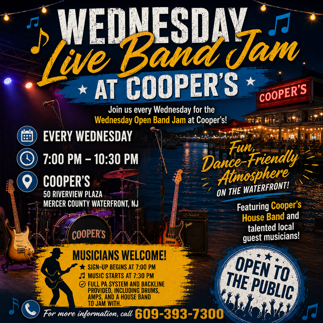 Open Band Jam - Wednesdays at Cooper's! 7pm Fun Dance Vibe on the Waterfront at Cooper's PA, Full Backline w Drums, Amps, and House Band to Sit In With 