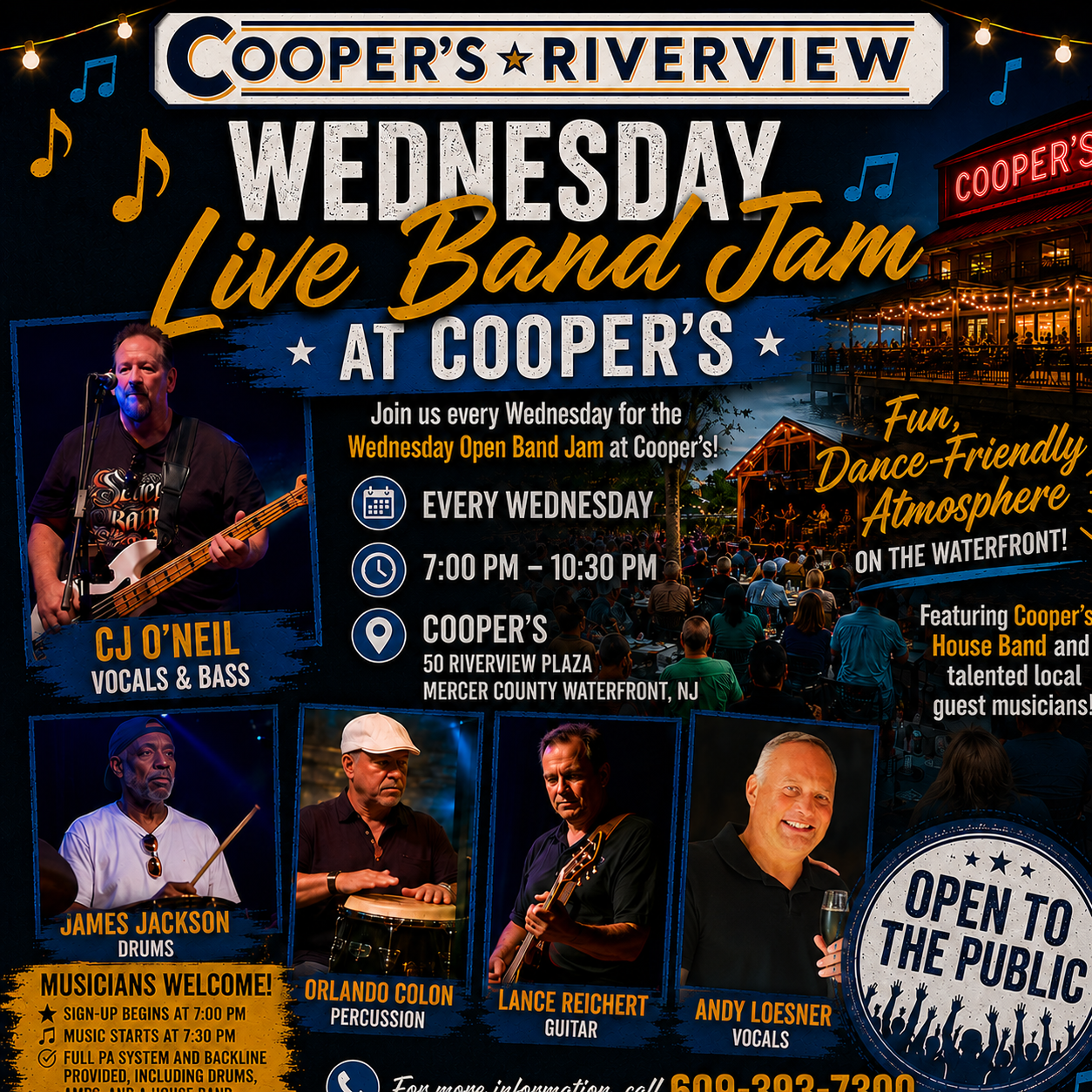 Open Band Jam - Wednesdays at Cooper's! 7pm Fun Dance Vibe on the Waterfront at Cooper's PA, Full Backline w Drums, Amps, and House Band to Sit In With