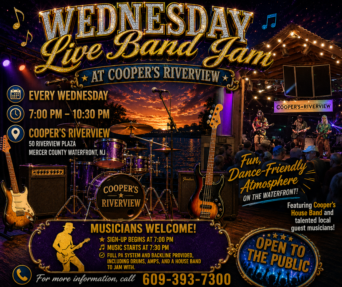 Open Band Jam - Wednesdays at Cooper's! 7pm Fun Dance Vibe on the Waterfront at Cooper's PA, Full Backline w Drums, Amps, and House Band to Sit In With