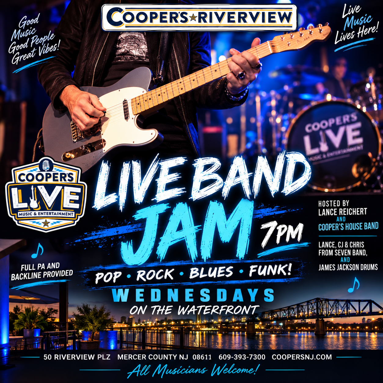 Open Band Jam - Wednesdays at Cooper's! 7pm Fun Dance Vibe on the Waterfront at Cooper's PA, Full Backline  Provided 