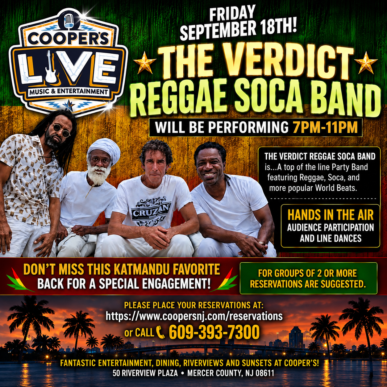 The Verdict Reggae / Soca Band 7pm w DJ John Rossi All Night.