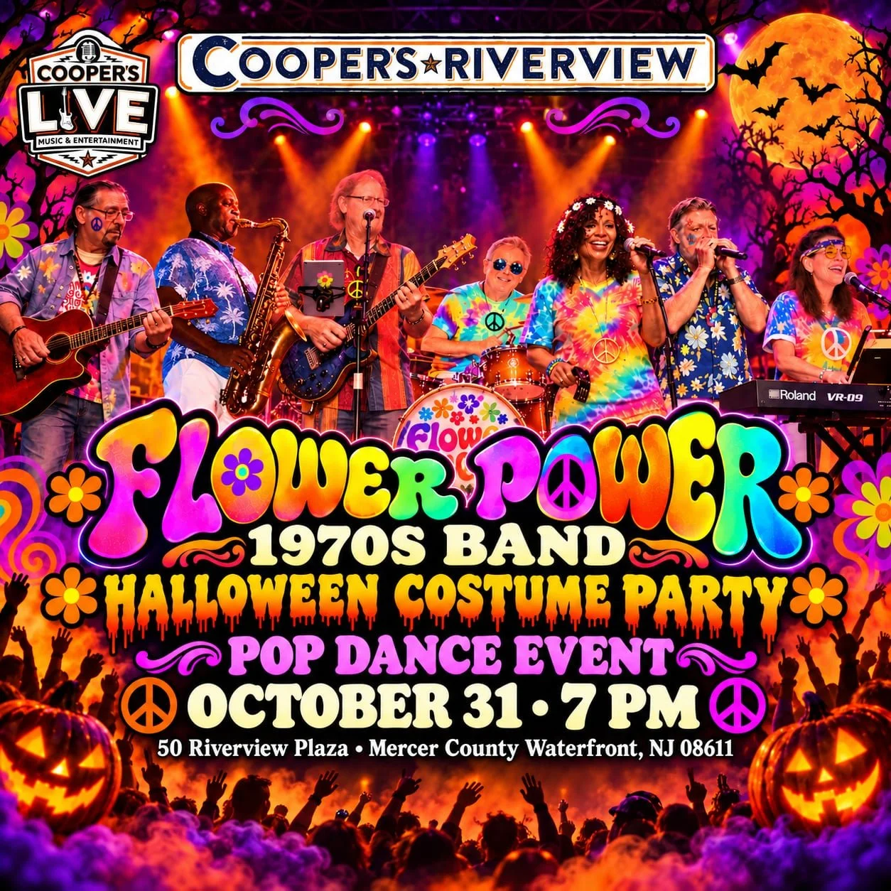 🎃 HALLOWEEN NIGHT AT COOPER’S RIVERVIEW! 🎃  Celebrate Halloween with FLOWER POWER – 1970s BAND 