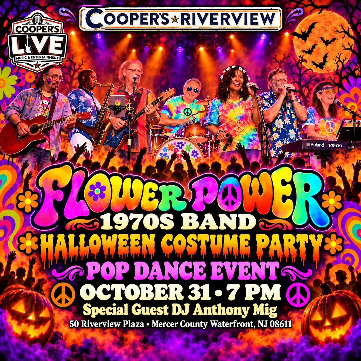 🎃 HALLOWEEN NIGHT AT COOPER’S RIVERVIEW! 🎃  Celebrate Halloween with FLOWER POWER – 1970s BAND  and DJ Anthony Migs!