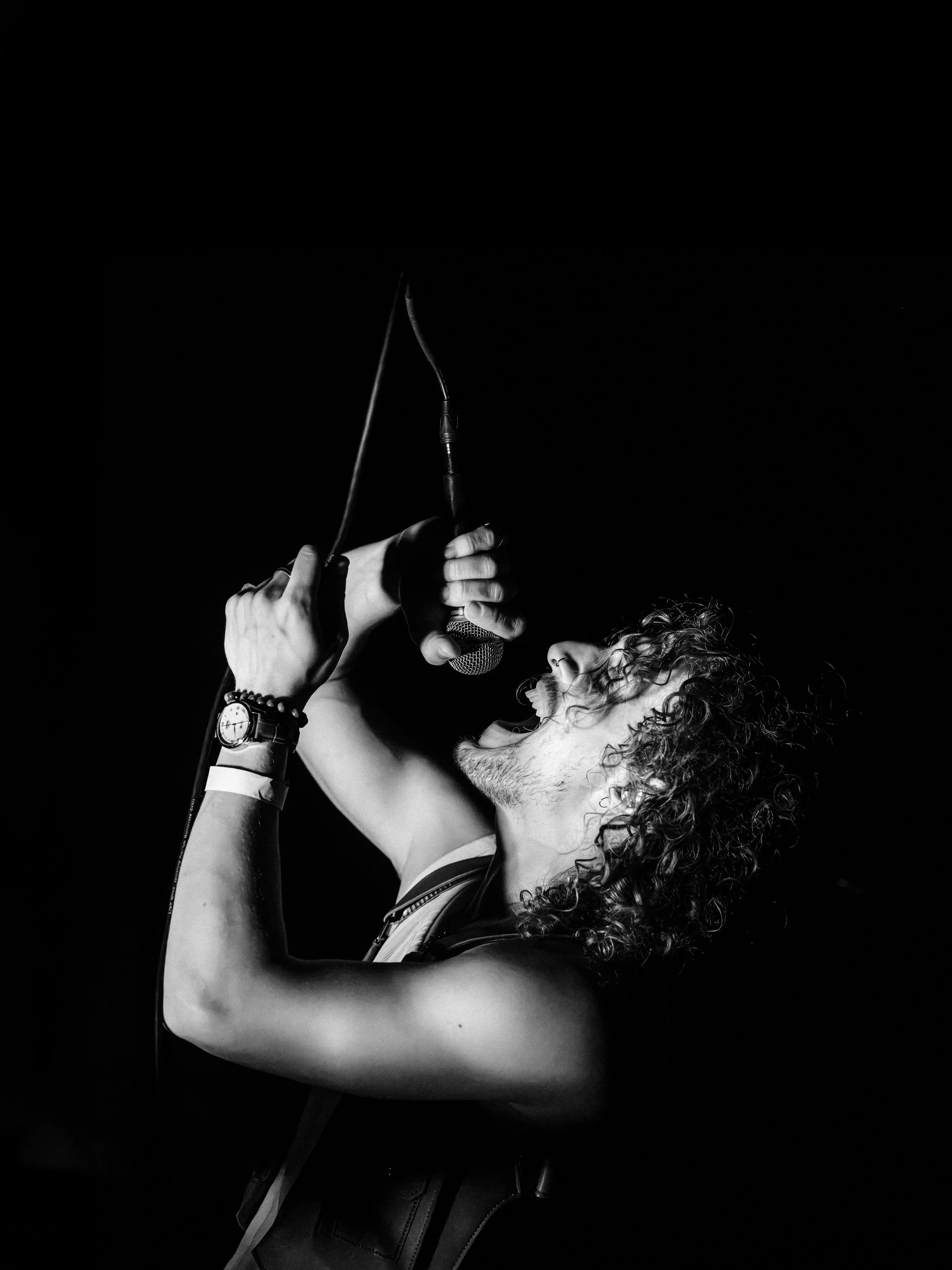 Black and white photo of a curly-haired singer screaming into a microphone held overhead