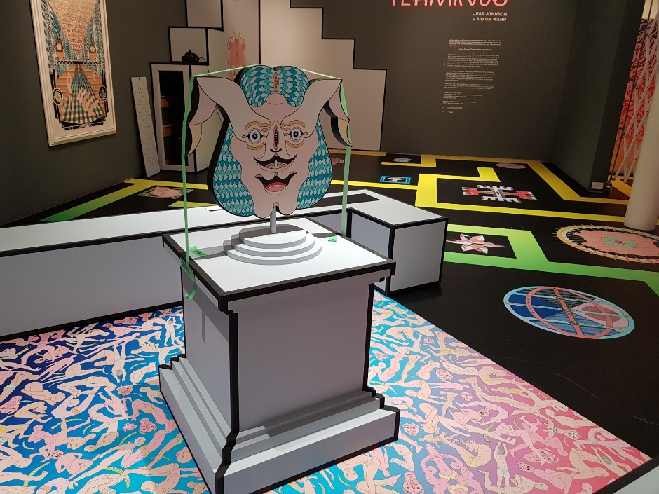 MDF mask with floor &amp; wall digital prints - Tauranga Art Gallery