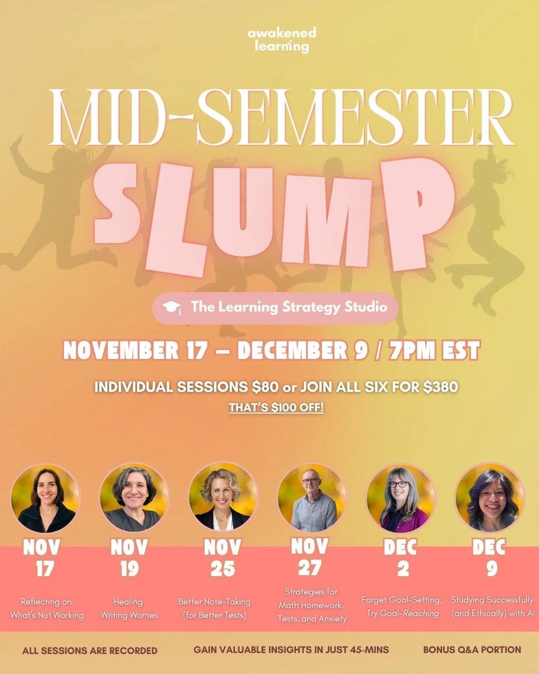 If it feels a little meh in your house or class, or a lot exhausted, or just kinda...slumpy...❤️ join us.

*Mid-Semester Slump*
6 learning strategists
Countless new skills
Nov. 17 - Dec. 9
Recorded, always, for ease + access.

45minutes of strategies